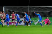The Derry City defence react after Padraig Amond doubles Waterford's lead in the second half. Photographs by Kevin Moore/MCIphoto