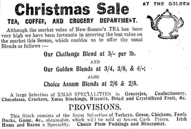 Christmas sale at McCullagh's The Golden Teapot Warehouse, Waterloo Place.