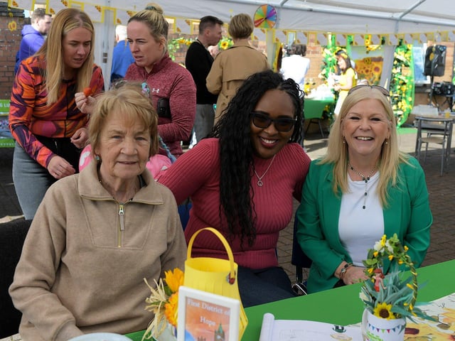Helen Bradley and Bronagh McCallion pictured with Colr. Lilian Seenoi-Barr at the launch of the District of Hope at Farland Way, Hazelbank, on Tuesday afternoon last. Photo: George Sweeney