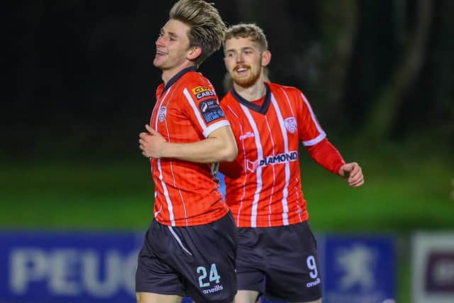 Ollie O'Neill celebrates his first Derry City goal in the second half at Belfield. Photo by Kevin Moore
