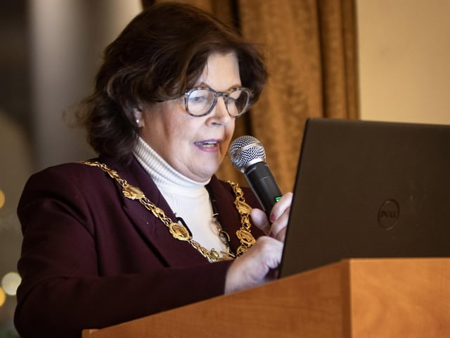 The Mayor of Derry City and Strabane District Council, Patricia Logue, addressing the attendance at Friday night's D&D Youth FA awards at the City Hotel, in Derry.