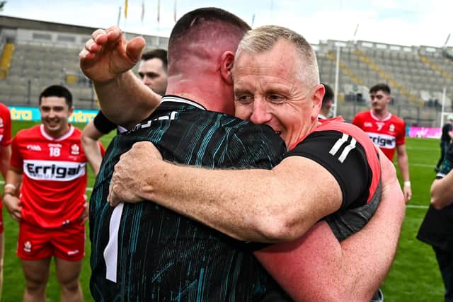 Derry manager Johnny McGarvey, right, and goalkeeper Sean Kelly celebrate. Photo by Seb Daly/Sportsfile