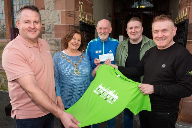 The organisers and sponsors of the Walled City 10 Mile Road Race met with the Mayor Councillor Patricia Logue in the Guildhall to provide an update on their plans for the event in 2024. Included from left are Scott Galbraith and Gerry Lynch with Ruairi Breslin and Tony Doherty from the Bentley Group. Picture Martin McKeown. 19.12.23