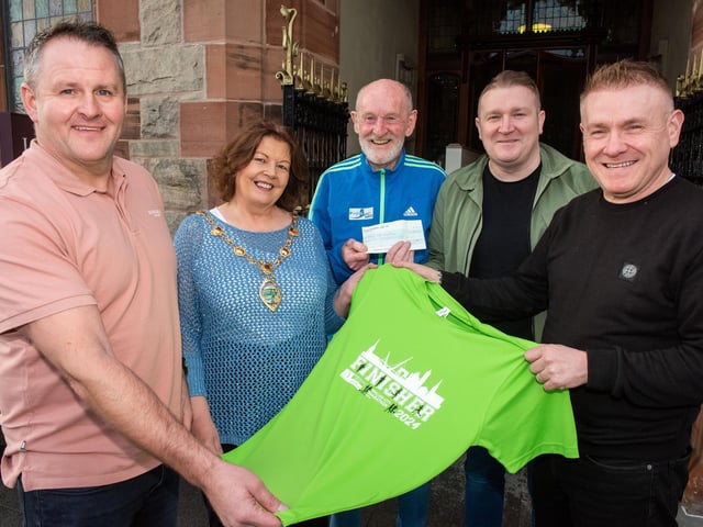 The organisers and sponsors of the Walled City 10 Mile Road Race met with the Mayor Councillor Patricia Logue in the Guildhall to provide an update on their plans for the event in 2024. Included from left are Scott Galbraith and Gerry Lynch with Ruairi Breslin and Tony Doherty from the Bentley Group. Picture Martin McKeown. 19.12.23