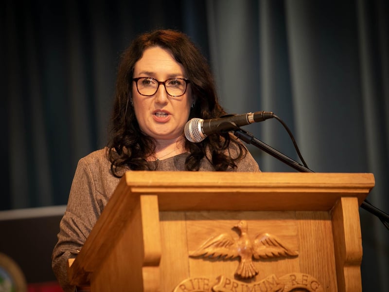 Principal of St. Columb's College, Mrs. Caroline McLaughlin, addressing the attendance at Thursday's Senior Prizegiving in the school. (Photos: Jim McCafferty Photography) : .