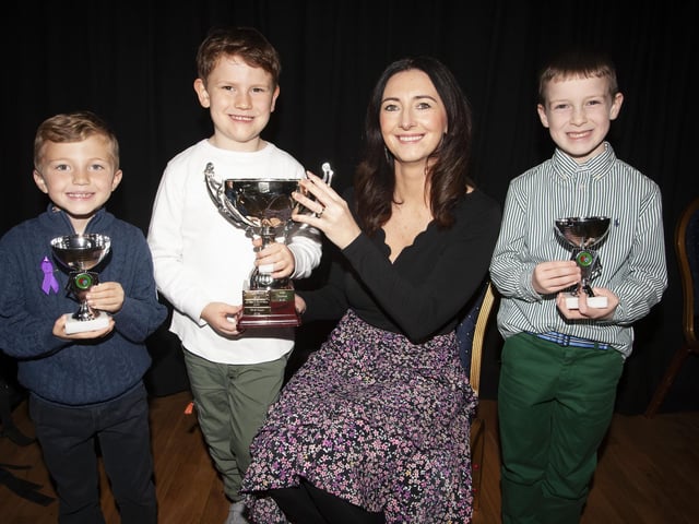 Primary 3 Boys - Oliver McGuinness, Eamon Herr, Cillian Reilly, pictured with adjudicator Mrs Alisha Gilmore at Saturday’s Charity Feis.