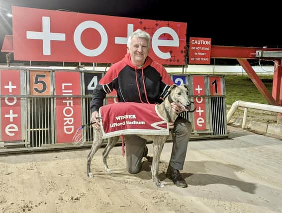 Dromrich Kennels winner Eager Aine, pictured with Damian McConville.