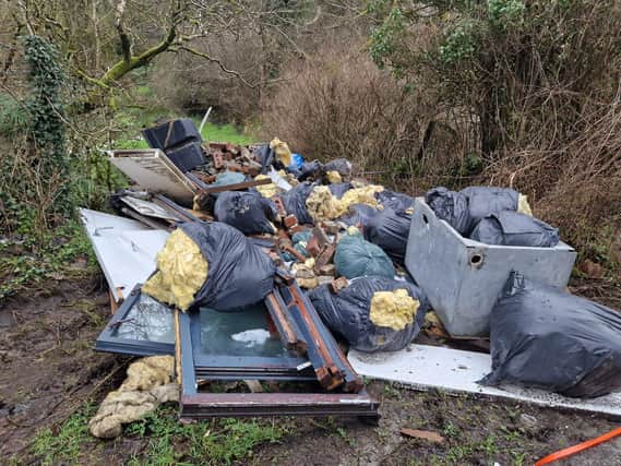 Waste which has been dumped on a road near the Derry/Donegal border