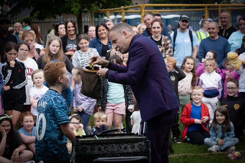 Magician Jack Wise performing one of his tricks at Bull Park during Feile 23 on Tuesday night. (Photos: Jim McCafferty Photography)
