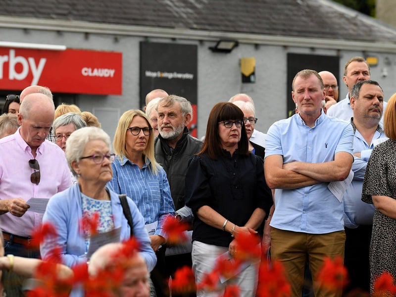 People gather for a service in Claudy marking the 52nd anniversary of the car bombings that killed nine people and injured 30 others. Photo: George Sweeney