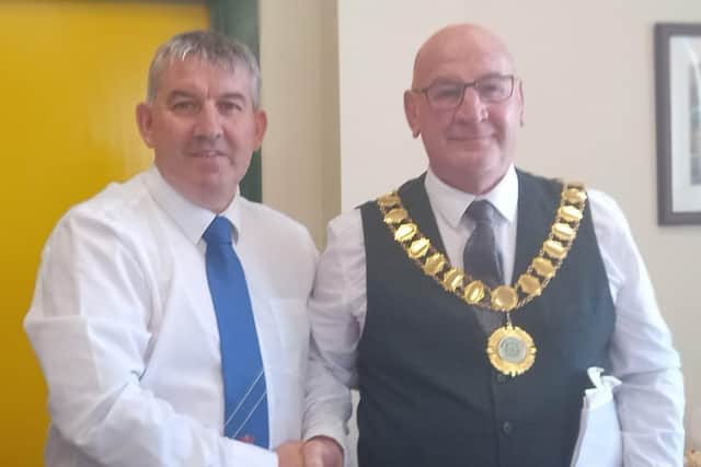 The new Cathaoirleach Councillor Terry Crossan with outgoing Cathaoirleach Councillor Paul Canning.