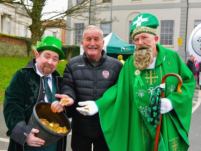 King of the Fairies, with his crock of gold, Martin Dunne and St Patrick. Photo: George Sweeney