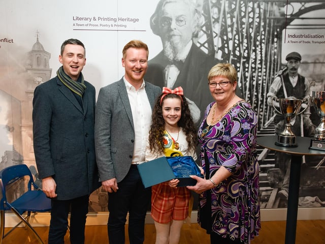 Ulster under-11s Champion Tori McLaughlin pictured at her reception in The Alley Theatre with Councillor Jason Barr, Daniel McCrossan, MLA, and Derry City & Strabane District Council Deputy Mayor Councillor Angela Dobbins.