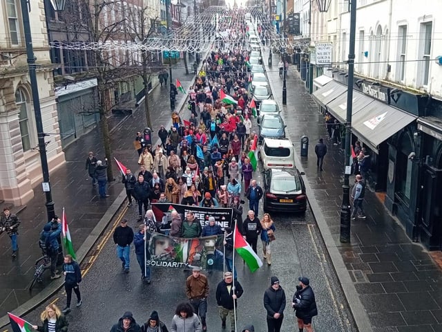 Thousands participate in Derry rally for Palestine calling for a ceasefire in Gaza on January 13, 2024