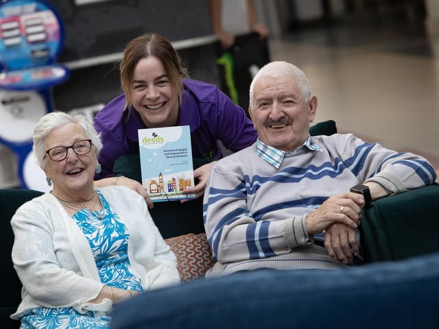 DEEDS representative Eilish Brown chatting with Sandra and David McNaught during Friday's One Stop Shop event at Foyleside, Derry.