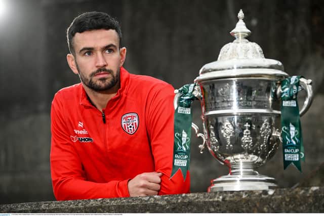 EYES ON THE PRIZE . . . Michael Duffy of Derry City poses for a portrait with the FAI Cup Final.