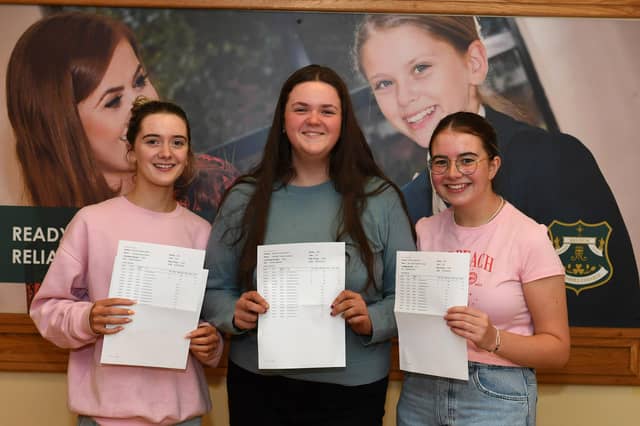 Thornhill College students Sorcha O'Neill, Eimhear Leoparde and Mary Keogh pictured after collecting their A Level results. Photo: George Sweeney