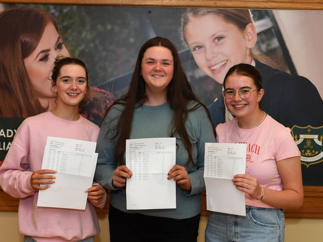 Thornhill College students Sorcha O'Neill, Eimhear Leoparde and Mary Keogh pictured after collecting their A Level results. Photo: George Sweeney