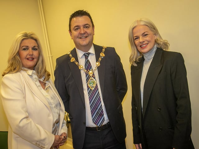 The Mayor of Derry City and Strabane District Council, Ruairi McHugh pictured with Principal of St. Joseph's Boys School, Mrs. Ciara Deane and Vice Principal, Mrs. Fiona Harrigan-Stewart at Thursday's finale.