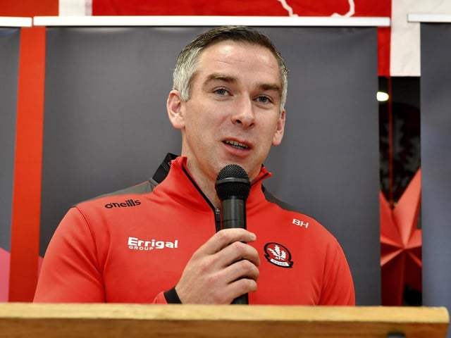 Benny Heron, senior football team coach, speaking at the launch of Derry’s new home and away jersey, for the 2026/2027 season, at O’Neill’s sports store in Waterloo Place on Thursday evening. Photo: George Sweeney