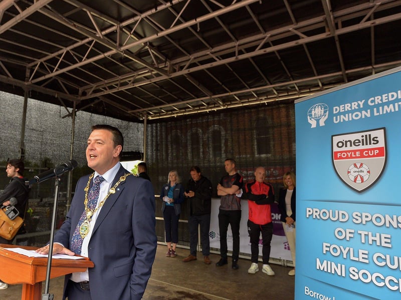 Mayor Ruairí McHugh officially opens the 2025 Foyle Cup. In Guildhall Square. Photo: George Sweeney