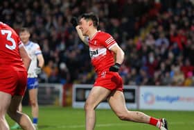 Derry’s Conor McCluskey celebrates scoring the opening goal against Monaghan in Celtic Park. Photo: George Sweeney