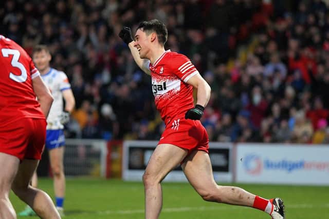 Derry’s Conor McCluskey celebrates scoring the opening goal against Monaghan in Celtic Park. Photo: George Sweeney