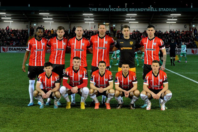 The Derry City starting XI against Shamrock Rovers in the Presidents Cup final at Brandywell on Friday evening. Photo: George Sweeney. DER2307GS – 82