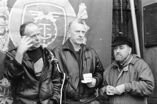 Eamonn McCann, on left, addressing a low wage protest in February 1993.