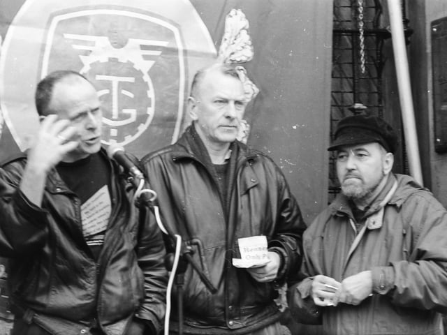 Eamonn McCann, on left, addressing a low wage protest in February 1993.