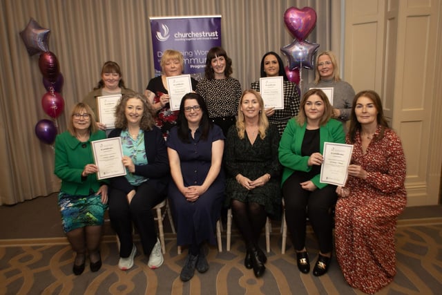 Group picured at the Churches Trust's Developing Women in the Community awards 2024 at the Bishop's Gate Hotel, Derry on Thursday last. Front from left, Mary Furey, Mary Holmes, CEO, Churches Trust, Laura Dunne, Department for Communities, Elaine Devenney, Laura Brown and Yvonne Smith. Back from left, Cathy Malcolm, Pamela Lynch, Sinead Crumlish, Lauren Montgomery and Glynis Bond.