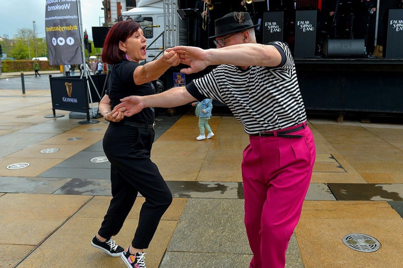 For all the Motown lovers this is a must attend event. The Motown Brothers bring you many of the greatest Motown hits over the years to finish off day one of Derry's Jazz and Big Band Festival. Pictured are people jiving in the Guildhall Square during Derry’s last Jazz Festival Weekend. Photo: George Sweeney. DER2318GS – 05