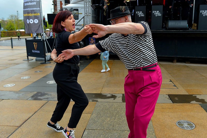 For all the Motown lovers this is a must attend event. The Motown Brothers bring you many of the greatest Motown hits over the years to finish off day one of Derry's Jazz and Big Band Festival. Pictured are people jiving in the Guildhall Square during Derry’s last Jazz Festival Weekend.  Photo: George Sweeney.  DER2318GS – 05