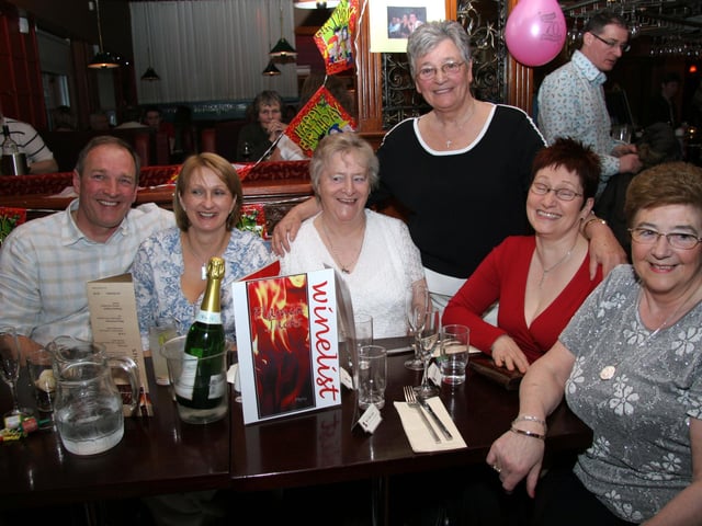 Smiles all round from Gordon, Jackie, Muriel,birthday girl Avril, Ester and Ella 0066JML : Parties and celebrations April 2006: Avril Mitchell.