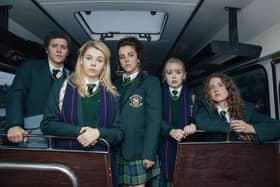 Left to right, James Maguire (Dylan Llewellyn), Erin Quinn (Saoirse Jackson), Michelle Mallon (Jamie-Lee O'Donnell), Clare Devlin (NIcola Coughlan), Orla McCool (Louisa Harland)