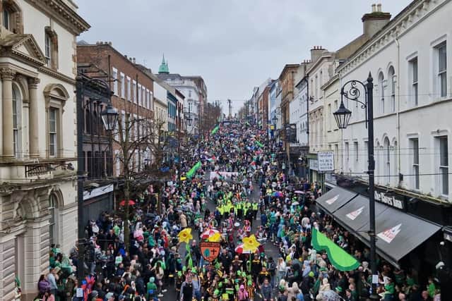 A packed Shipquay Street on St. Patrick's Day.