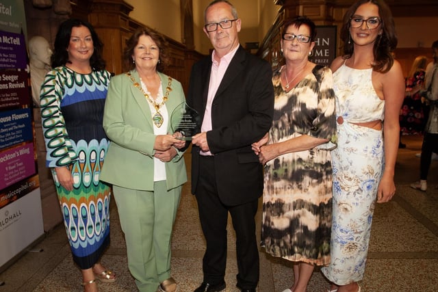 The Mayor Patricia Logue pictured with Eddie Breslin, his wife Christine, and daughters Nicole and Dannika at a function in his honour at the Guildhall on Thursday evening.