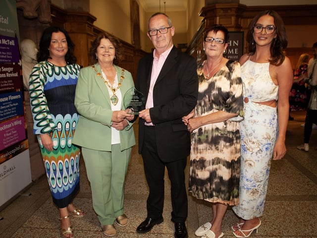 The Mayor Patricia Logue pictured with Eddie Breslin, his wife Christine, and daughters Nicole and Dannika at a function in his honour at the Guildhall on Thursday evening.