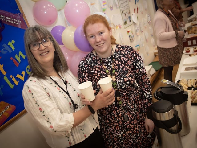Staff taking time out for a coffee at the Steelstown Primary School's Charity Coffee Morning on Friday.