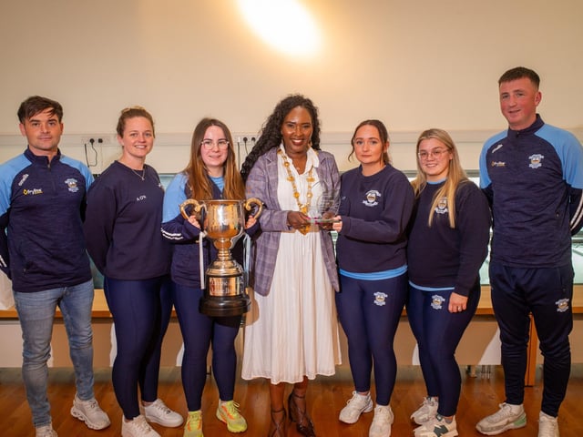 Strabane Athletic Ladies with their Division 3 league title, pictured with the Mayor Lilian Barr and head coach Liam Lynch.