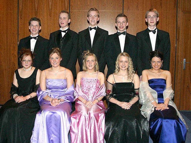 From left (seated), Rachel Hutton, Samantha Hutchison, Elaine McSparron, Claire Moore, and Laura Bell. Back row, Andrew Nesbitt, Greg Bresland, Conor Agnew, David Marshall and John McClean. (0402T09)