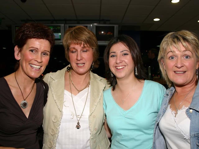 Anne McGlinchey, Kathleen Harkin, Sunie Connors, and Gemma Gormley enjoy the night at the Lifford Stadium. 4875dd : A night at the races in Lifford in April 2005.