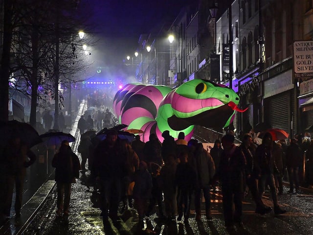 Sliantha the Samhain Serpent on Shipquay Street. Photo: George Sweeney