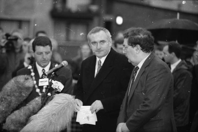 Bertie Ahern with the Mayor of Derry, Councillor Martin Bradley and Foyle MP John Hume.