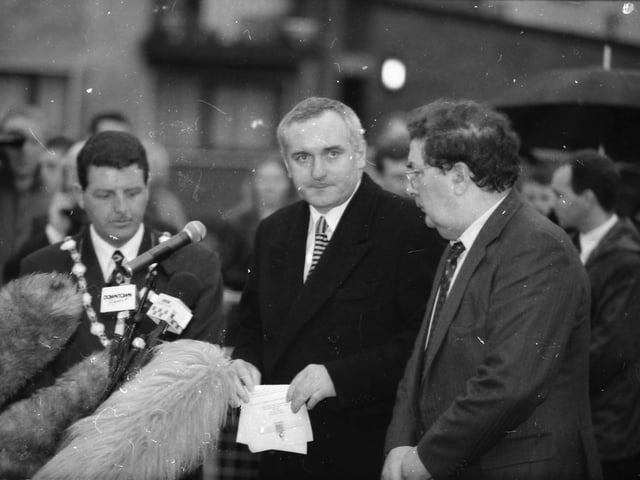 Bertie Ahern with the Mayor of Derry, Councillor Martin Bradley and Foyle MP John Hume.