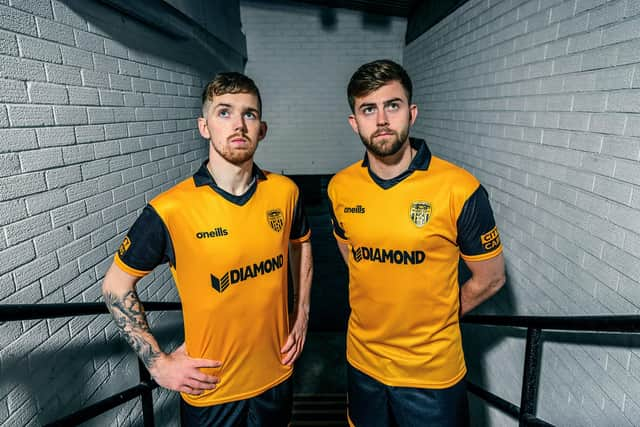 Derry City players Jamie McGonigle and Will Patching pictured in the 2023 away jersey. Picture by Diarmuid Greene