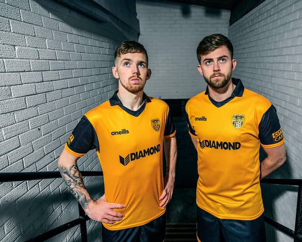 Derry City players Jamie McGonigle and Will Patching pictured in the 2023 away jersey. Picture by Diarmuid Greene