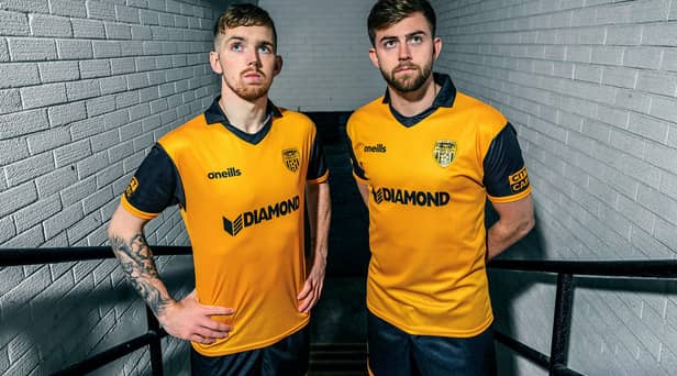 Derry City players Jamie McGonigle and Will Patching pictured in the 2023 away jersey. Picture by Diarmuid Greene