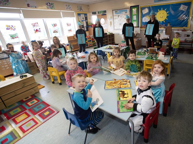 Celebrating World Book at the Nursery Department in St. Brigid's PS on Thursday.