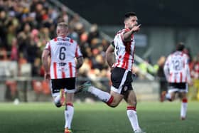 Derry City Pat Hoban celebrates a goal against Bohemians at the Brandywell on Friday night.